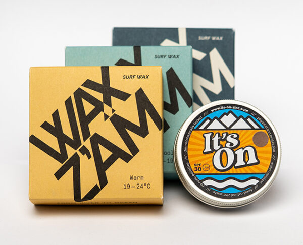 It's On Zink Sonnenschutz, WAX ZAM surf wax, It's On zinc sun protection It's On protección solar de zinc